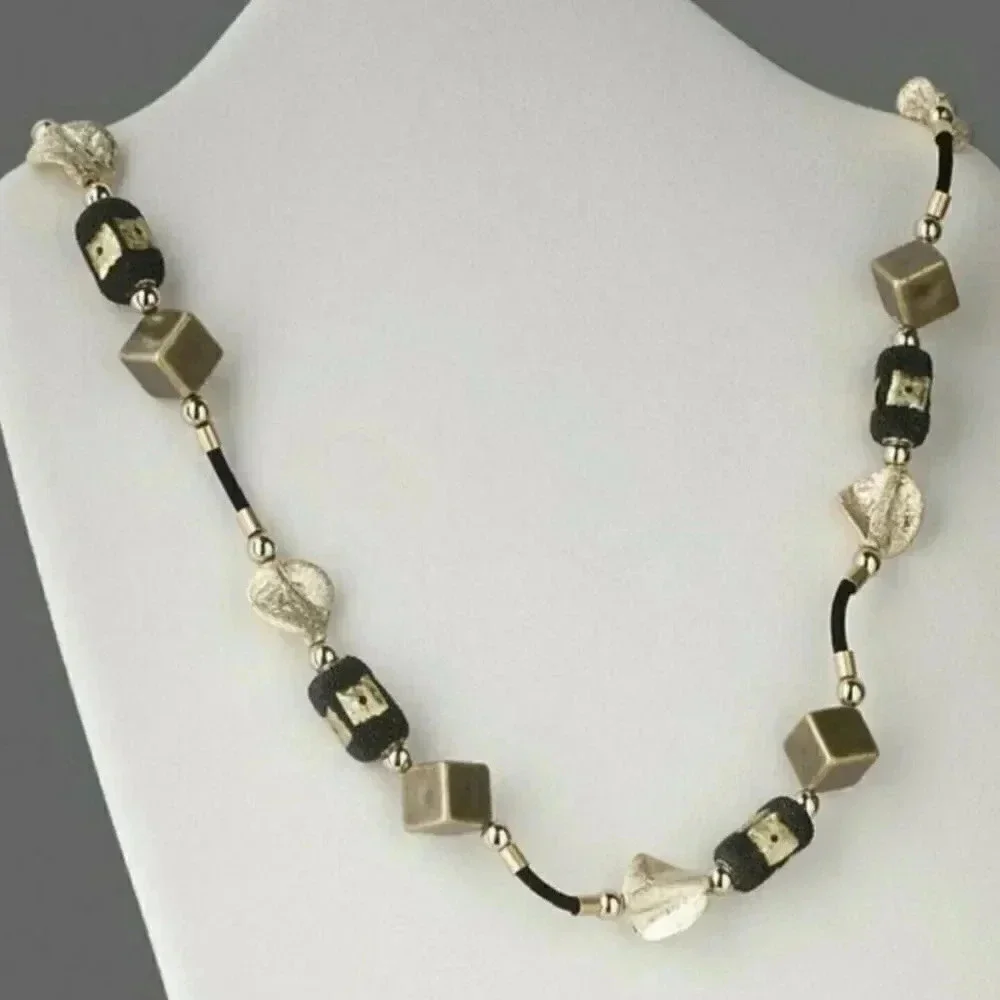 Hand Crafted Earthy India Kashmiri Lac Beads Necklace Bronze Gold Black